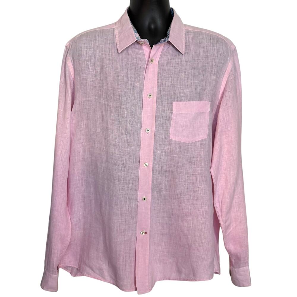 Benson New York Pink Linen Shirt Men L Large Coastal Beach Vacation Long Sleeve